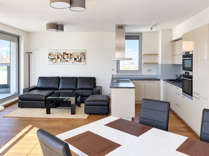 Modern, Furnished 3+kk Apartment with Terrace and Garage Parking – Harfa Design Residence, Prague 9