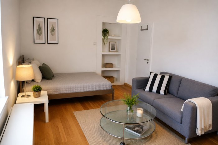 Zařízené studio  k pronájmu s balkonem k pronájmu – Praha 10, Vršovice